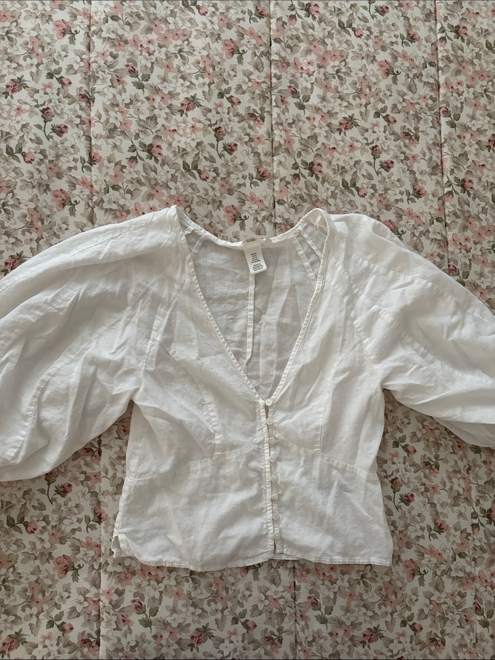 H&M White Linen-blend Puff-Sleeve V-Neck Button Blouse